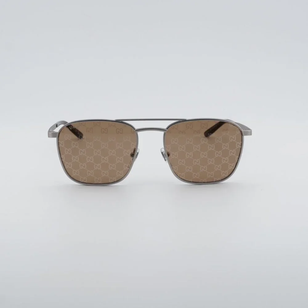 Gucci GG1881S 004 Sunglasses Silver Square Frame, Brown with GG Pattern Lenses